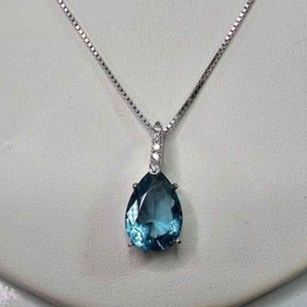 S925 Blue Glass & Pave Rhinestone Teardrop Pendant on 925 Stamped Necklace 18"L